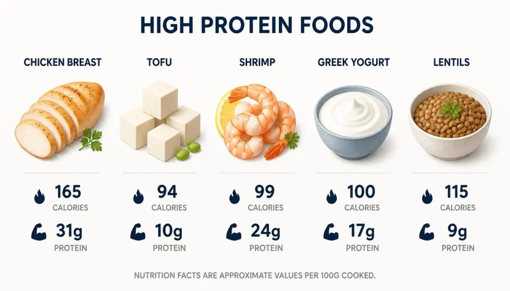 Comparison of popular low calorie high protein foods and their protein content