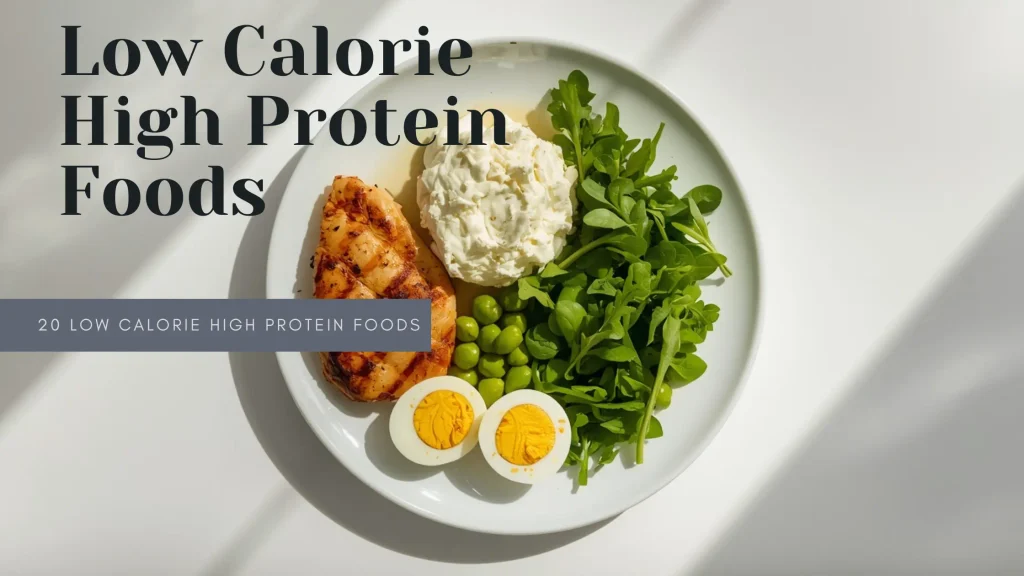 A plate of low calorie high protein foods including chicken, eggs, and cottage cheese
