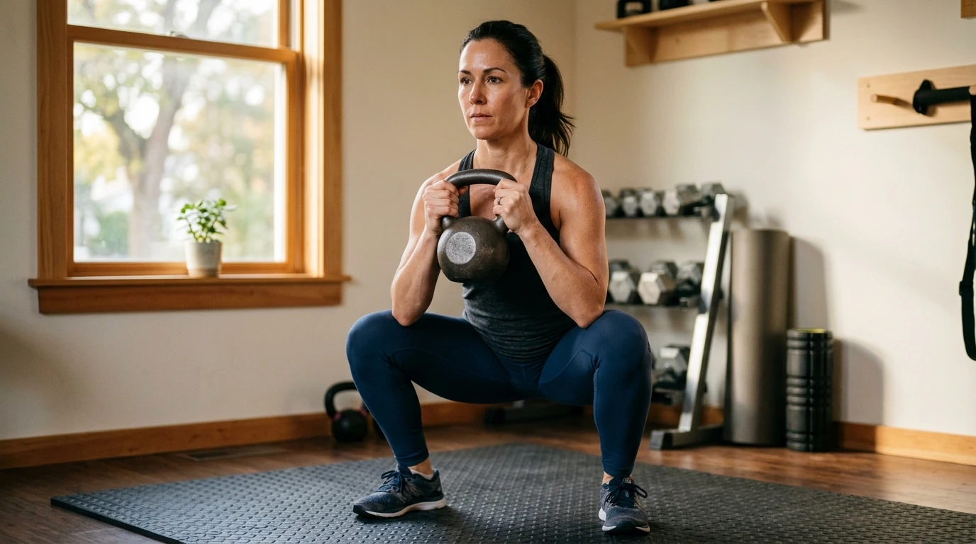 Woman doing a goblet squat with a kettlebell in a home gym