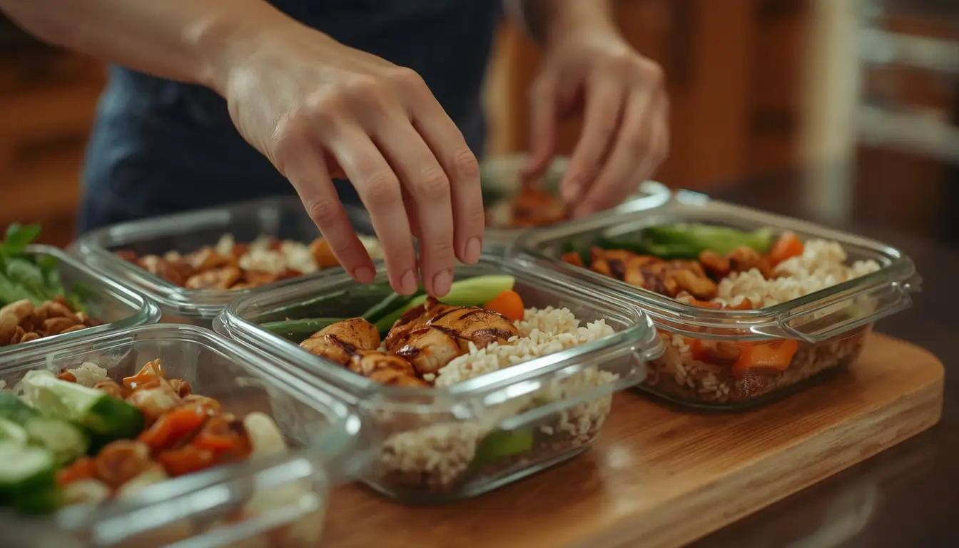Meal prep containers filled with high-protein low-calorie meals