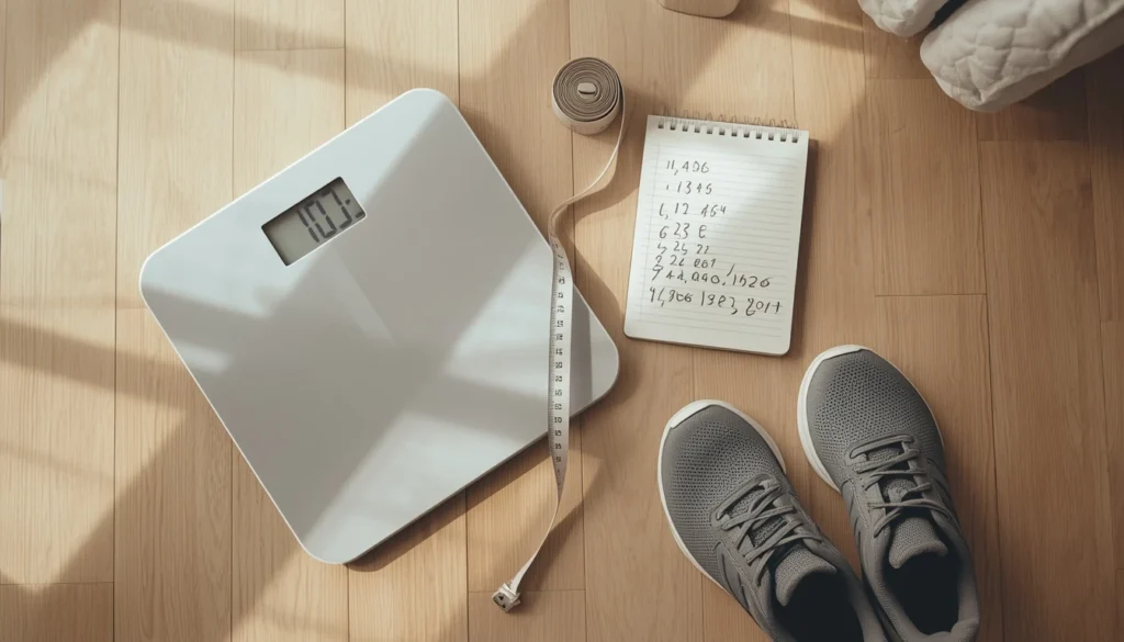 Bathroom scale, tape measure, and notebook with handwritten calculations on a wooden floor