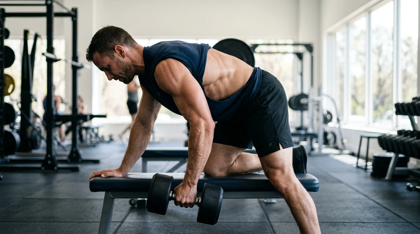 Person doing a dumbbell row in a bright gym