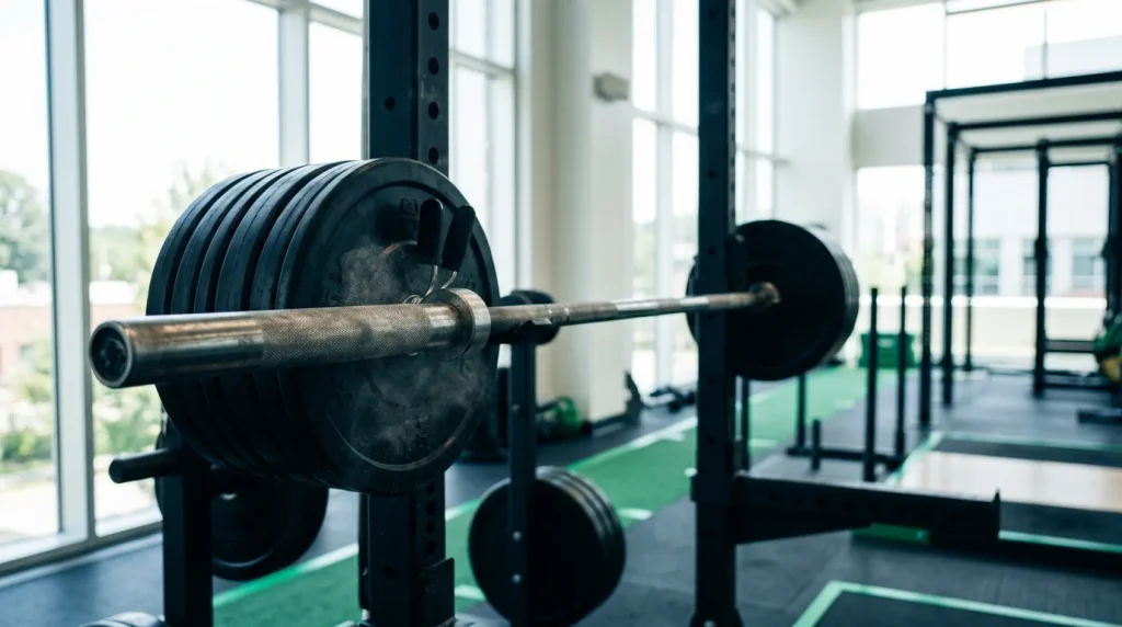 One rep max calculator showing a barbell being loaded for a heavy strength set