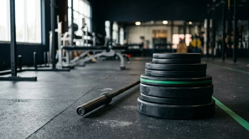 Plate loader calculator showing weight plates stacked and ready to load on a barbell