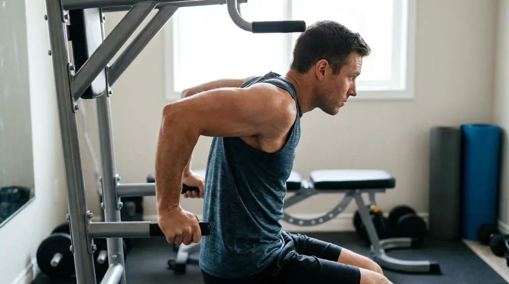 Man performing a dip on a power tower dip station with correct form