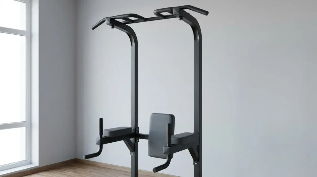 Power tower home gym equipment showing pull-up bar, dip handles, and knee-raise pad