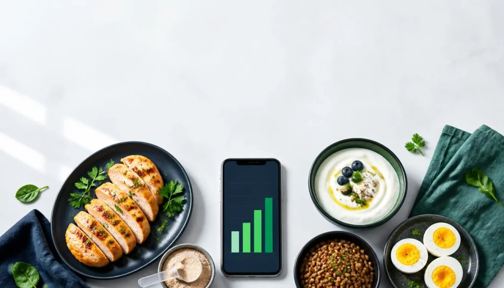 Protein calculator guide showing high protein foods used to hit a daily protein target