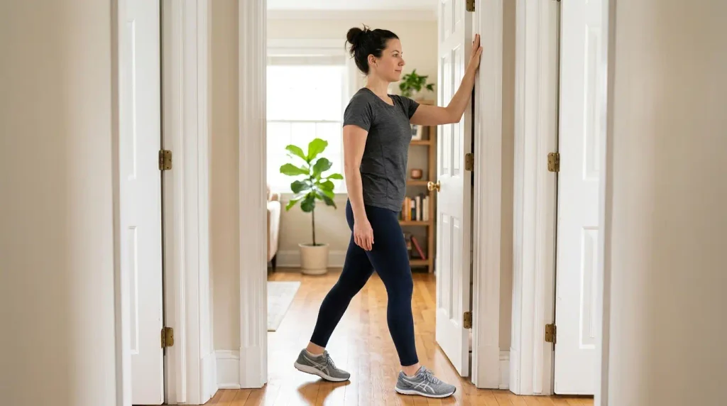 Adult performing a doorway chest stretch with one forearm against the door frame.