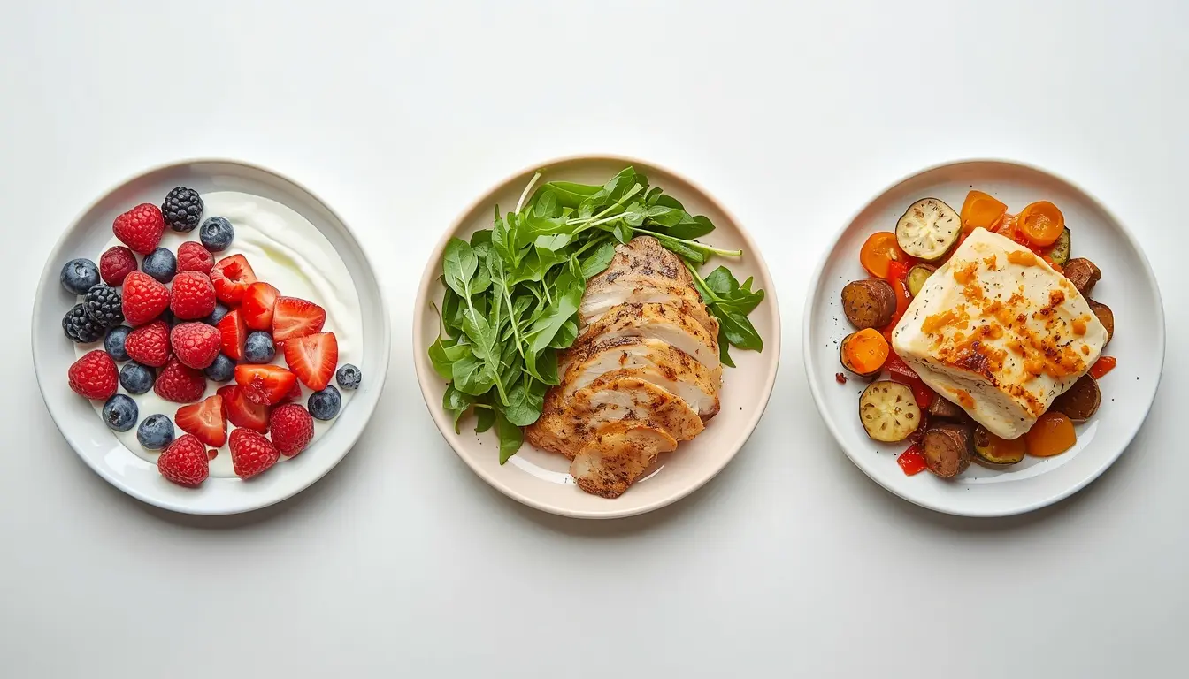 Sample day of meals showing low-calorie high-protein foods for breakfast, lunch, and dinner