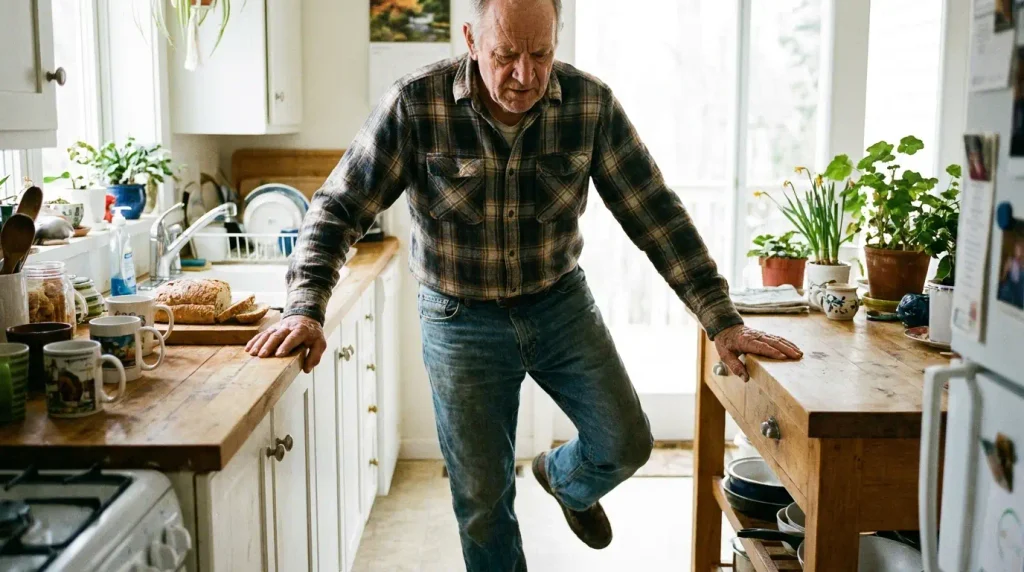 Older man doing a single-leg stance, one of the simplest balance exercises for seniors at home