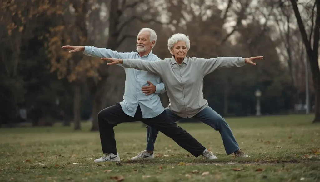 Seniors doing a tai chi-inspired balance exercise outdoors to improve stability