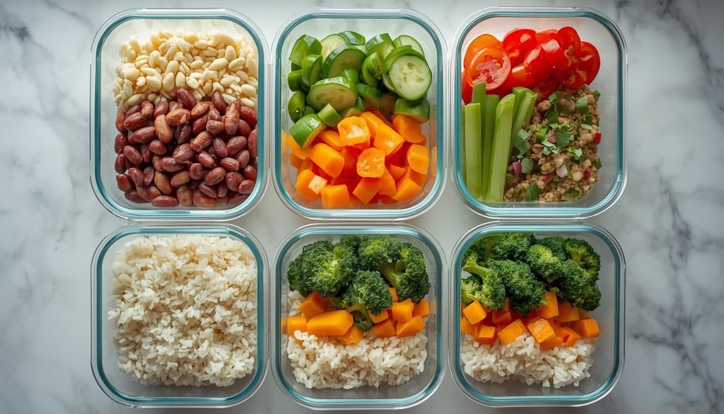 Weekly meal prep containers for following a plant based diet on a budget