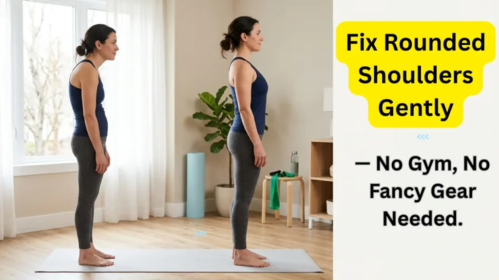 Adult beginner demonstrating relaxed rounded shoulders and Posture Correction Exercises in a bright home workout space.