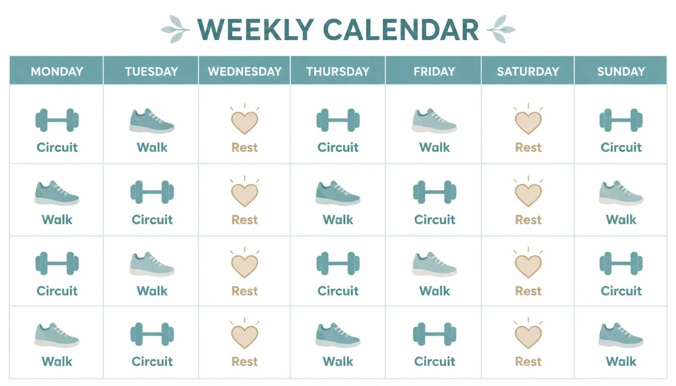 Week-by-week calendar showing workout and rest days