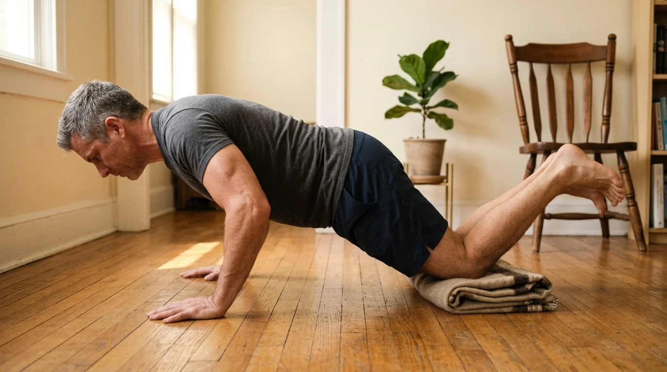 Beginner doing a knee push-up on a folded blanket as one of the bodyweight exercises for beginners