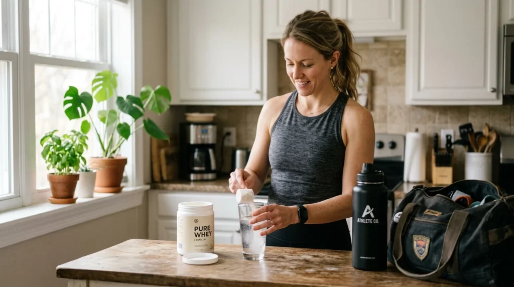 Woman scooping creatine powder into a glass of water in a bright kitchen before a workout