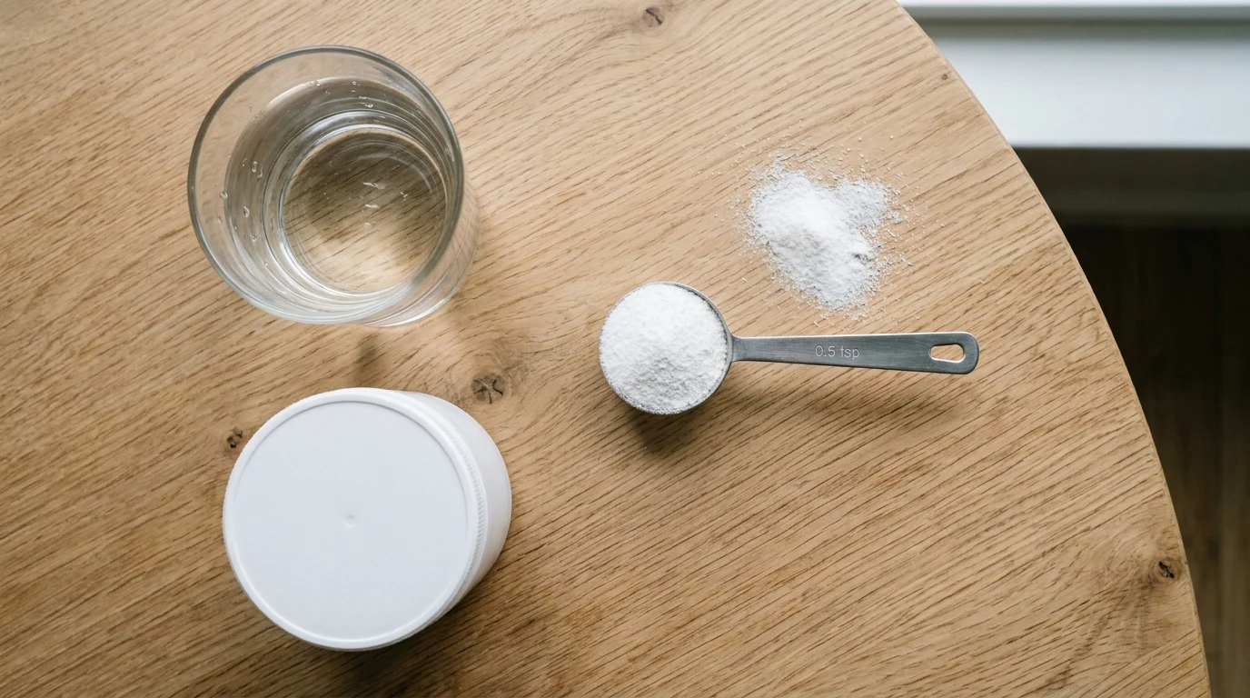 Level scoop of creatine monohydrate powder resting beside a glass of water