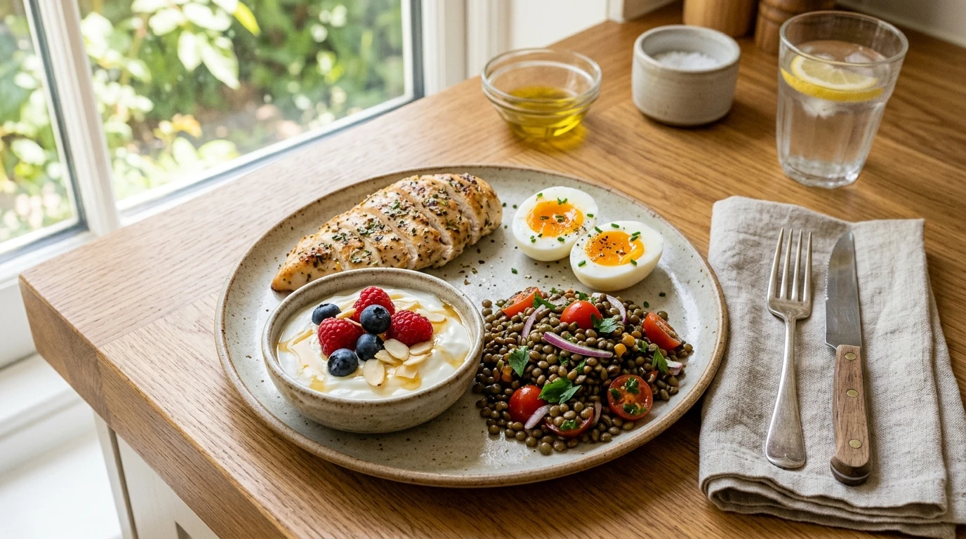 Balanced high-protein meal — chicken, eggs, yogurt, lentils on a clean kitchen counter