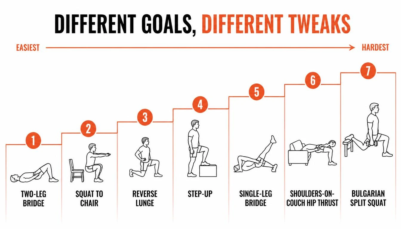 Bodyweight glute exercises ranked from easiest to hardest on a difficulty ladder