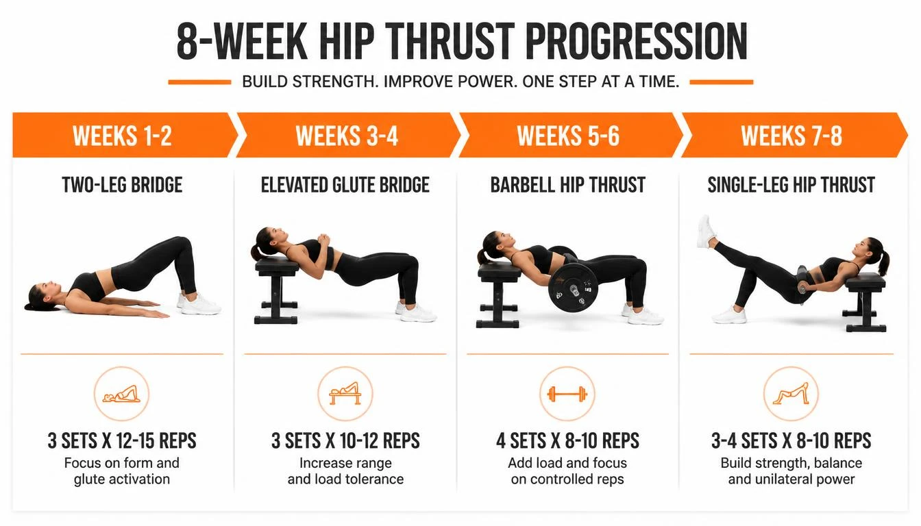 Eight-week at home glute workout progression with sets, reps, and exercise upgrades