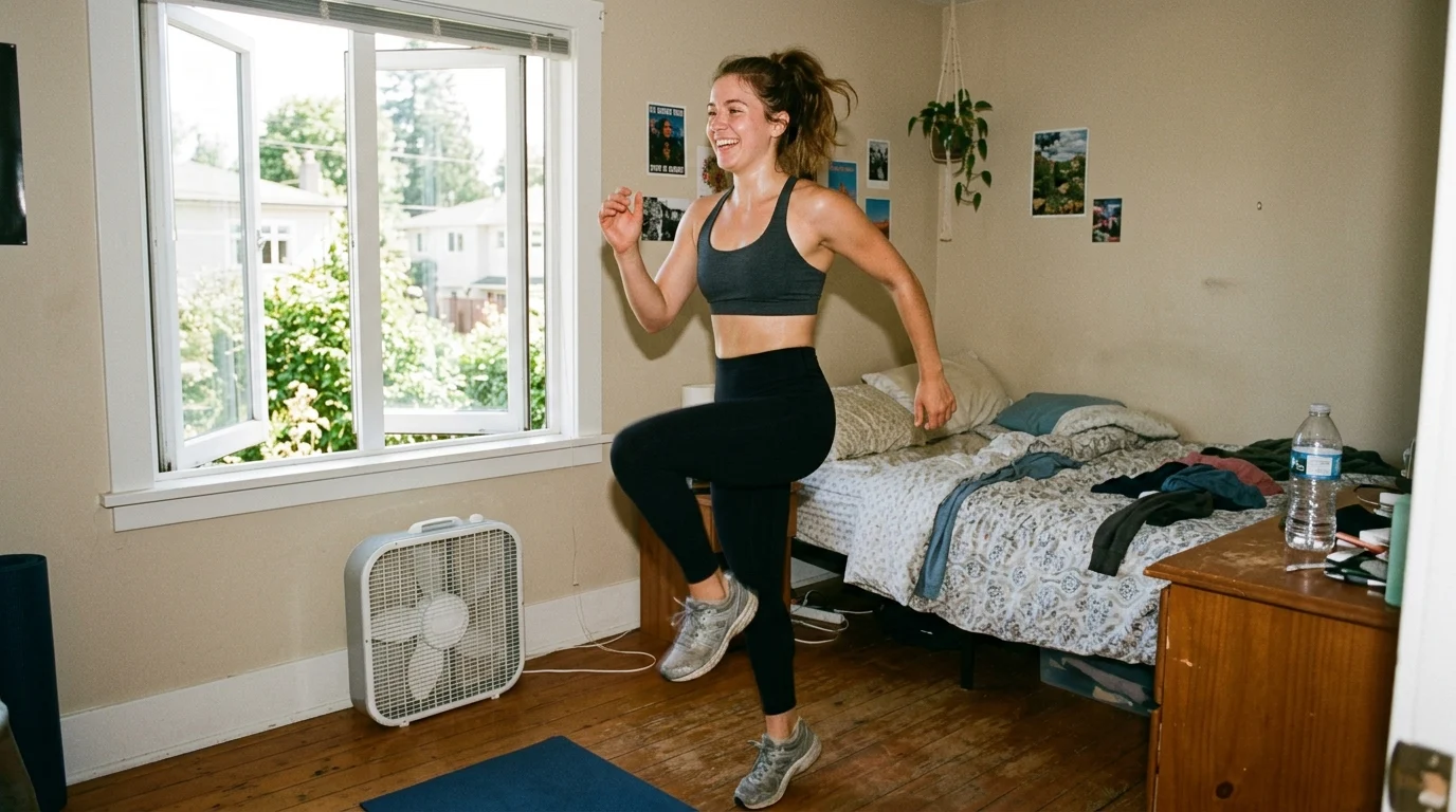 Person doing high knees as a home cardio exercise next to an open window
