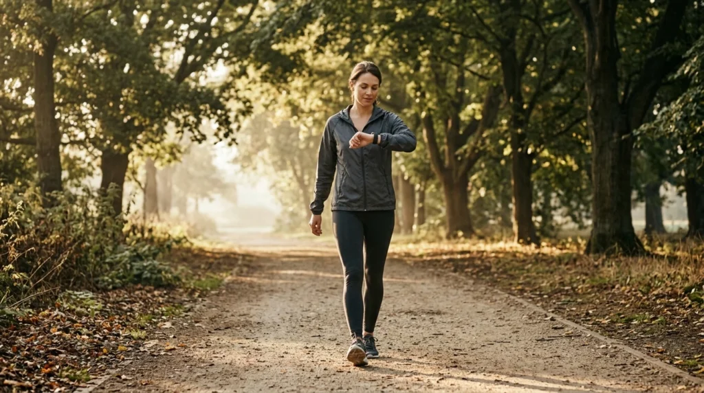 Person walking outdoors at sunrise with a fitness tracker showing daily steps