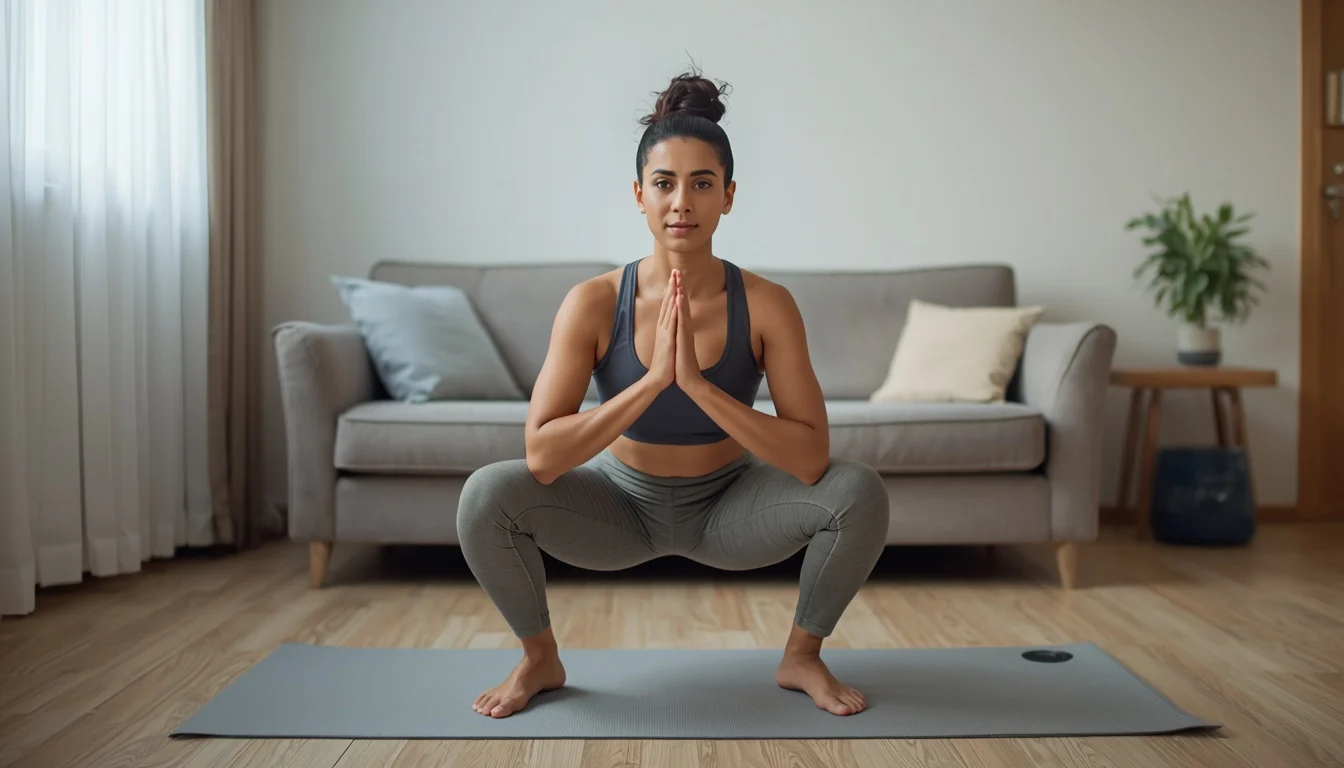Beginner doing a bodyweight squat on a mat in a bright living room, a simple way to stay fit at home without a gym