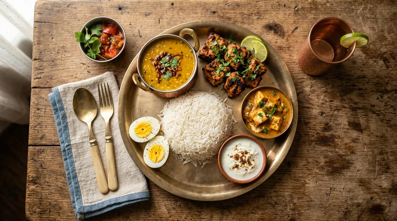 A high-protein 16/8 meal laid out on a wooden table for intermittent fasting macros