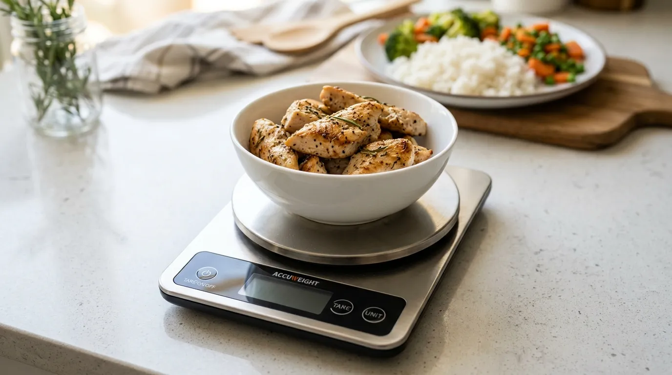 Digital kitchen scale weighing a portion of cooked chicken