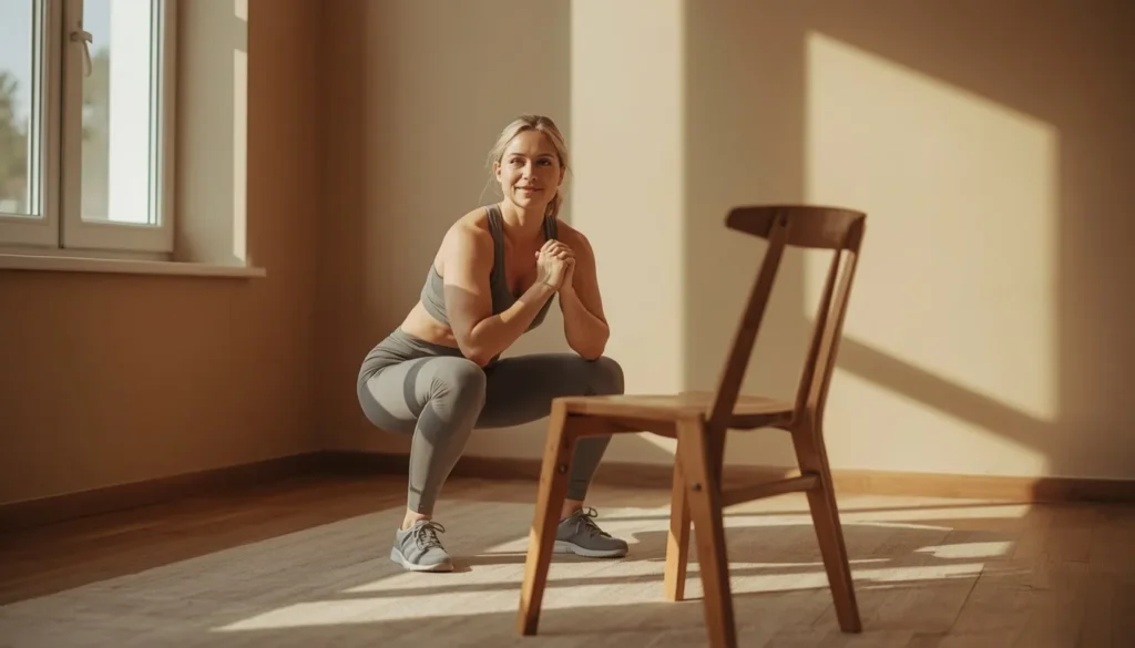 Woman in 40s doing chair squats at home, bright living room, calm and confident