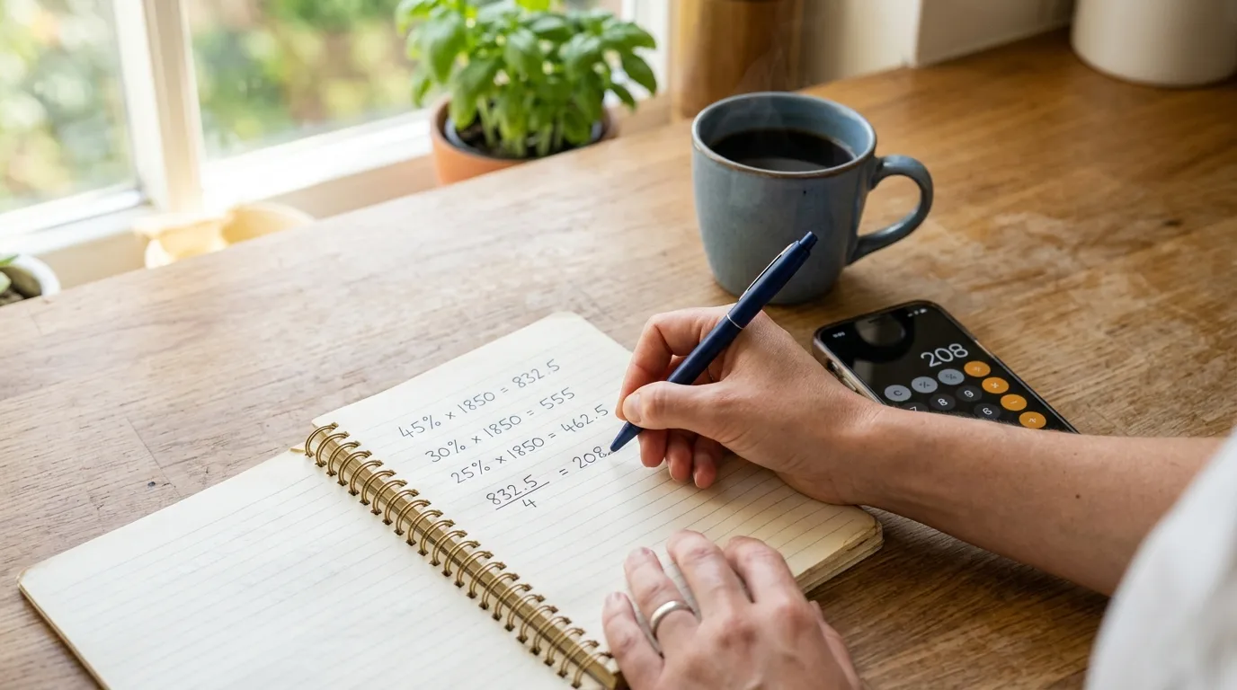 Notebook with macro calculations beside a phone calculator