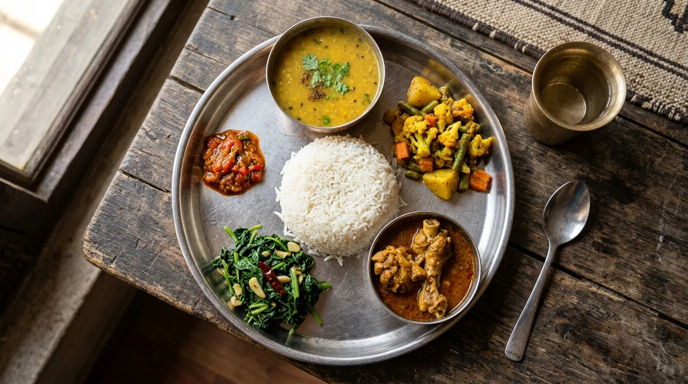 Nepali dal bhat plate with rice, lentils, vegetables, and a small portion of chicken