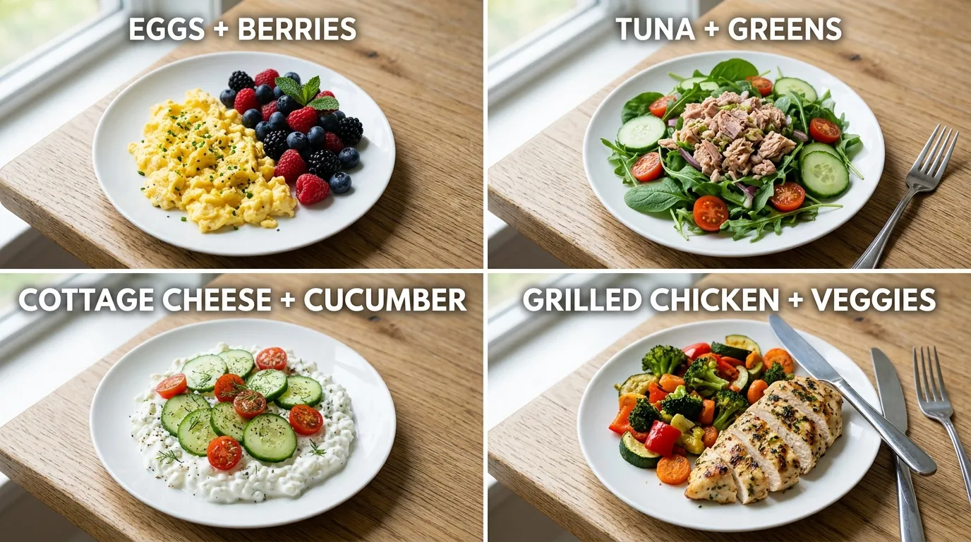 Four meals showing 25–30g protein portions: breakfast, lunch, snack, dinner
