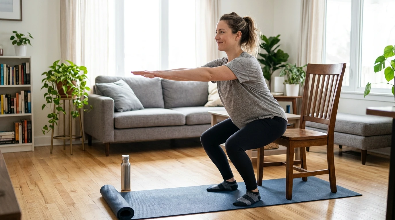 Woman doing gentle wall push-ups in her living room — simple beginner exercise at home