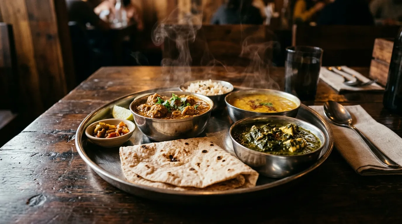 Soya chunks curry with dal and roti as a vegetarian protein meal