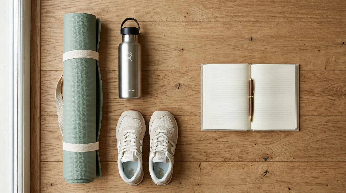 Flat lay of a mat, water bottle, sneakers and notebook for planning a weekly home workout schedule