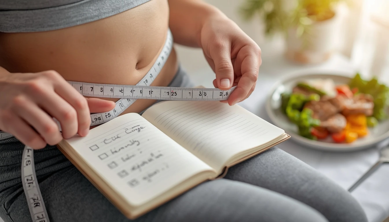 Notebook, tape measure, and healthy meal — simple tools for tracking progress