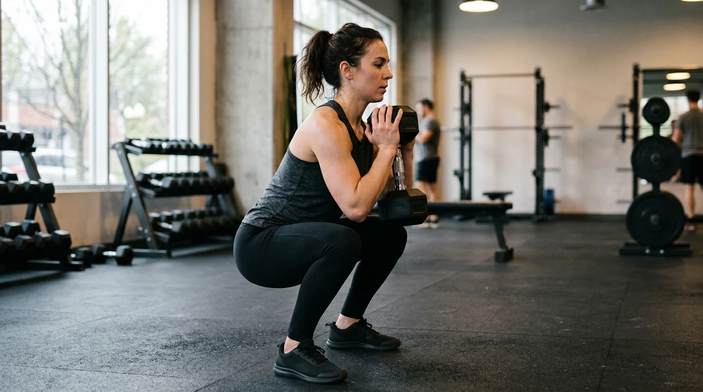 Woman lifting dumbbells in a gym during a strength training set